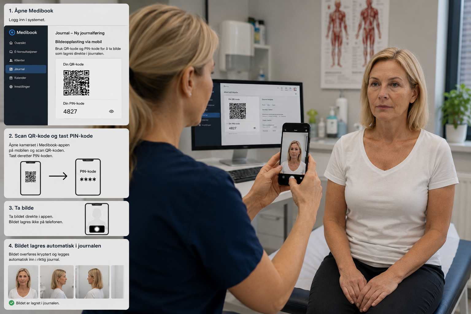 Behandler scanner QR-kode for å ta bilde til journal